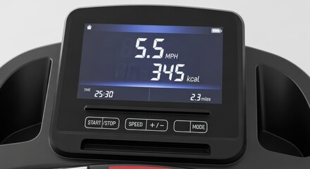 Digital display screen on an exercise machine shows workout metrics during a session