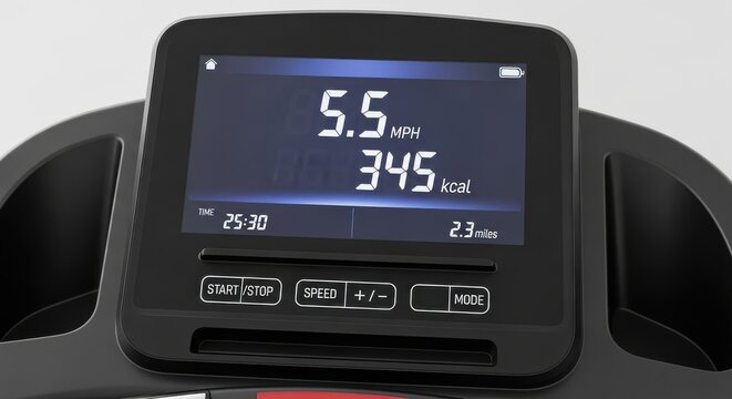 Digital display screen on an exercise machine shows workout metrics during a session