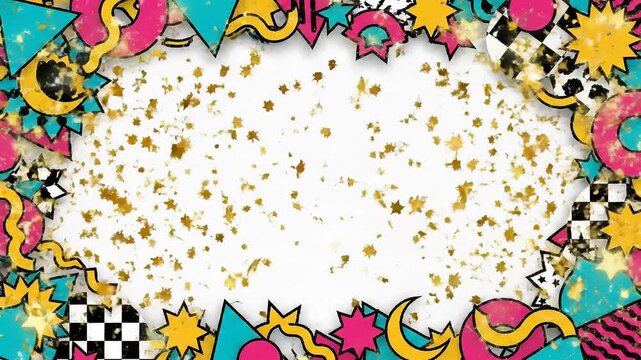 Vibrant Retro Geometric Shapes Border with Gold Glitter Confetti Background