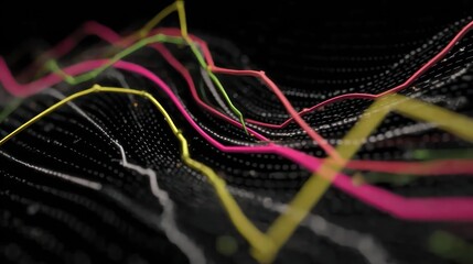Multicolored lines intersect on a digital black background with data visualization