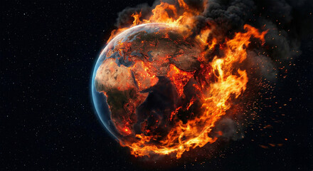 Fototapeta premium Burning earth planet fire flame global warming climate change apocalypse disaster space smoke Burning earth planet with dramatic fire flame showing global warming climate change apocalypse concept