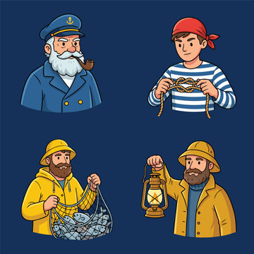 Four distinct cartoon illustrations of nautical characters, including a captain, a sailor, and two fishermen.