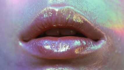 Obraz premium Lush, glossy lips with a holographic teal and purple iridescent finish, showcasing futuristic high-shine cosmetics.