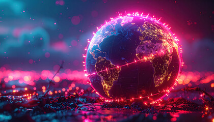 Futuristic neon globe digital world global network cyber landscape glowing earth technology background virtual connection sci fi planet data communication internet concept Futuristic neon globe