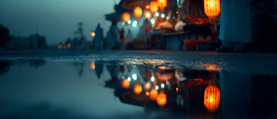 Enchanting Cinematic View of a Lively Street Scene Reflected in a Puddle, Adorned with Glowing