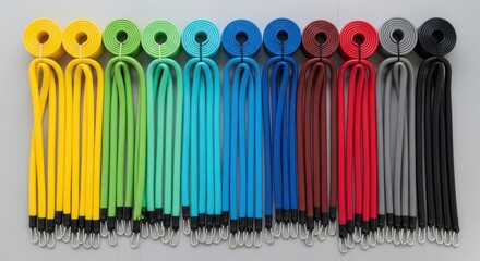 Numerous coiled cords displaying a vibrant spectrum of colors hang neatly aligned on a neutral surface