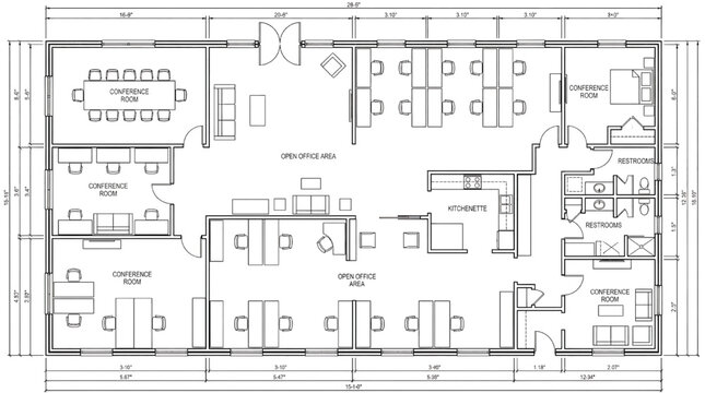 Office floor plan with conference rooms and open workspaces