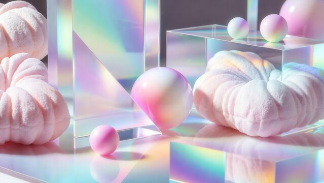 Minimalist abstract composition with iridescent glass blocks and soft, fluffy pastel spheres. A tactile and luxurious still life exploring light and geometry.