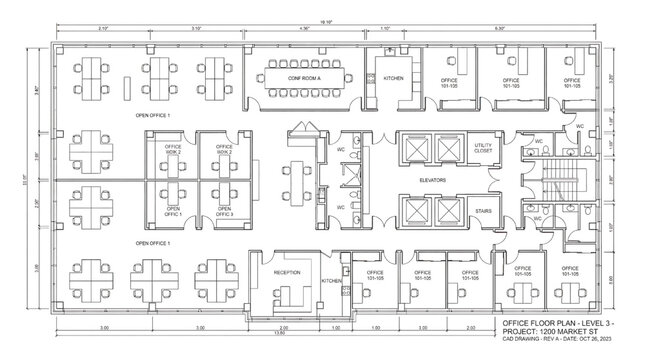 Detailed office floor plan with open spaces and meeting rooms