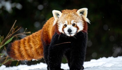 Naklejka premium A red panda standing in snow with a blurred forest background