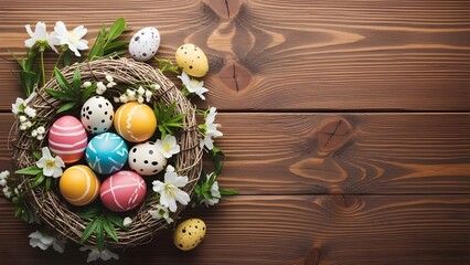 Easter eggs in a decorative nest on wooden background for easter holiday celebrations