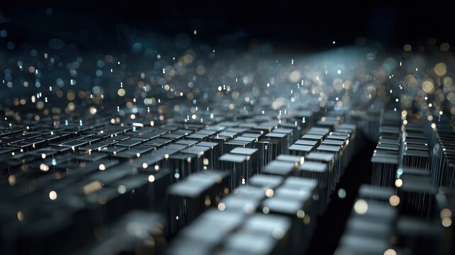 Glowing circuit board with metallic cubes and particles  - Powered by Adobe