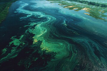 Obraz premium Aerial view showcases vibrant green and dark blue water mixing, with land and shoreline visible