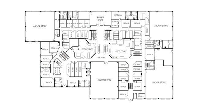 Detailed shopping mall floor plan with retail spaces