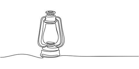 Abstract vintage kerosene lamp or lantern , continuous one line art hand drawing sketch, Kerosene lantern one line continuous. Line art paraffin lamp. Hand drawn vector art, Camping backpack vector. © Creative Tania