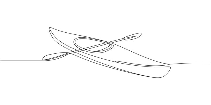 Single continuous line drawing canoe trails and rafting club with kayaking equipment, boat icon continuous one line drawing, kayak canoe rowboat sailboat yacht isolated on white background vector.