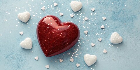 Obraz premium A red heart surrounded by small white hearts and glitter on a blue textured surface