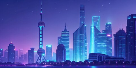 A futuristic cityscape illuminated with neon lights and towering skyscrapers at night