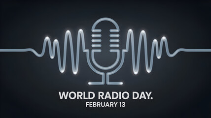 World Radio Day Neon Microphone with Audio Waveform on Dark Background.