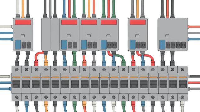 Electrical Circuit Breaker Panel with Colored Wires in Industrial Setup with Modern Design for Energy Management