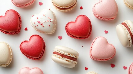 Fototapeta premium Macarons in heart shape in gift box isolated on pink background,events,aniversary festival gift set,french macaron cookies,trendy 2026,couple valentine Romantic love or pastry shop.