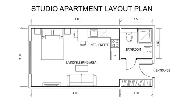 Studio apartment layout plan with kitchenette and bathroom