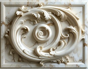 Elaborate, swirling, relief carving of floral patterns within a marble framed panel