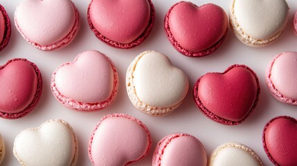 Fototapeta premium Macarons in heart shape in gift box isolated on pink background,events,aniversary festival gift set,french macaron cookies,trendy 2026,couple valentine Romantic love or pastry shop.