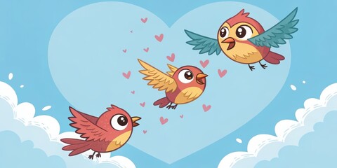 Cartoon birds flying with hearts against a blue heart and cloud background scene