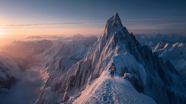 Solo Mountaineer Approaching Snowy Summit at Sunrise Ridge Line