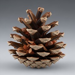 An intricate, detailed macro photograph showcases a large, mature pine cone with its woody scales