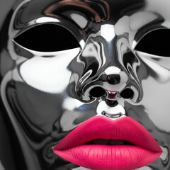 A hyperrealistic, close-up studio portrait of a chrome mask with striking neon pink lips,