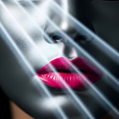 A close-up artistic shot focuses on a person's lips with vibrant pink lipstick, bathed in stark