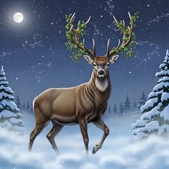 Majestic stag with moss-adorned antlers stands in a snowy forest under a moonlit starry sky,