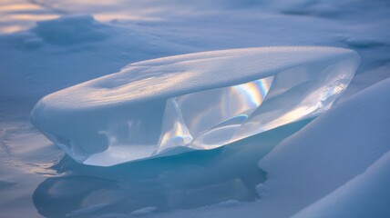 Naklejka premium Stunning ice formation glows with rainbow hues in snowy landscape