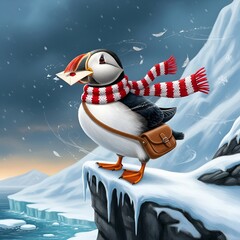 A charming puffin, dressed in a festive scarf and carrying a leather satchel, stands on an icy