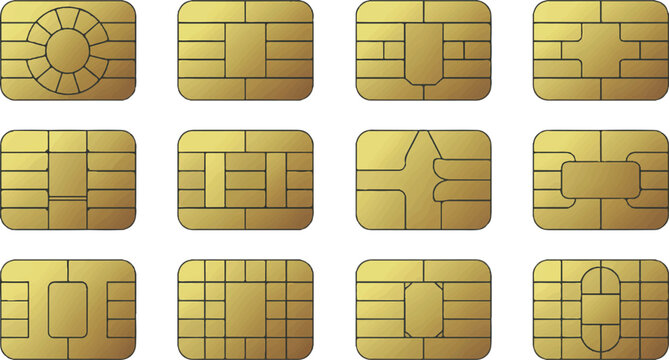 SIM cards in various designs with golden color on white background in studio lighting for mobile technology