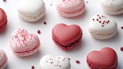 Obraz premium Macarons in heart shape in gift box isolated on pink background,events,aniversary festival gift set,french macaron cookies,trendy 2026,couple valentine Romantic love or pastry shop.