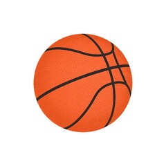 A bright orange basketball with black lines on a white background