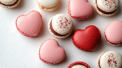 Obraz premium Macarons in heart shape in gift box isolated on pink background,events,aniversary festival gift set,french macaron cookies,trendy 2026,couple valentine Romantic love or pastry shop.