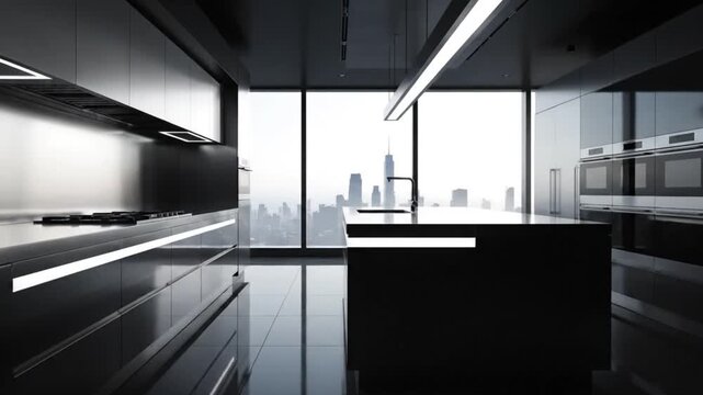 Modern Office Interior with Cityscape View from Large Windows, Showcasing Minimalist Design and Sleek Furniture