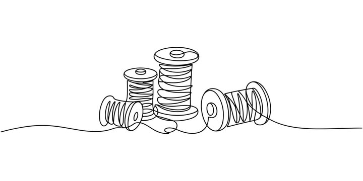 Spools of thread in one continuous line drawing vector illustration. one line Icon drawing with white background. Continuous one line drawing showcases spool of thread with thread unraveling.