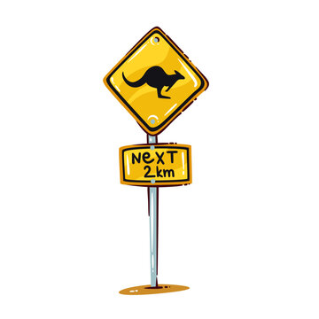 Kangaroo road warning sign with jumping kangaroo silhouette, yellow diamond board, next 2 km plate, metal pole, traffic symbol. Kangaroo crossing sign, cartoon vector illustration.