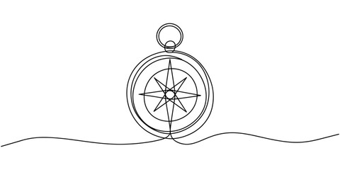 Continuous one line drawing of traveller compass. One line drawing illustration of compass navigate and adventure. Navigation, direction, journey concept line art. Editable outline, Magnetic compass. © Creative Tania