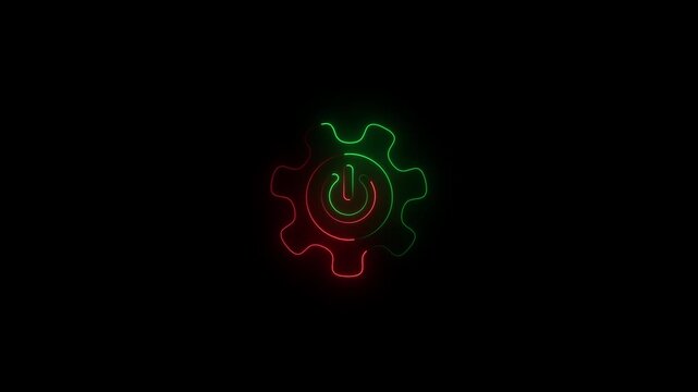 Neon gear and power button symbol on black background Keywords: gear, cogwheel, power button, on off, start, stop, neon, glowing, light, symbol, icon, technology, industry, engineering, digital