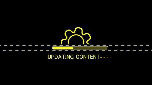 Yellow neon gear and loading bar with text updating content Keywords: loading bar, progress bar, updating content, gear, cogwheel, neon, yellow, light, glowing, technology, process, download