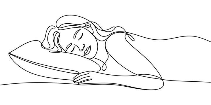 Woman sleeping on pillow bed continuous one line drawing. Sleeping woman in single line art illustration. Editable vector, Continuous single line sketch drawing of woman sleeping on pillow bed.