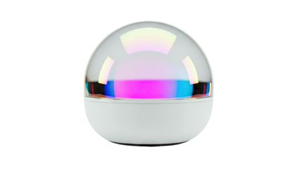 Egg-shaped LED lamp with iridescent dome and pink-blue glow