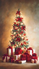 Festive Glow: Ornate Christmas Tree with Red Bows and Gift Boxes