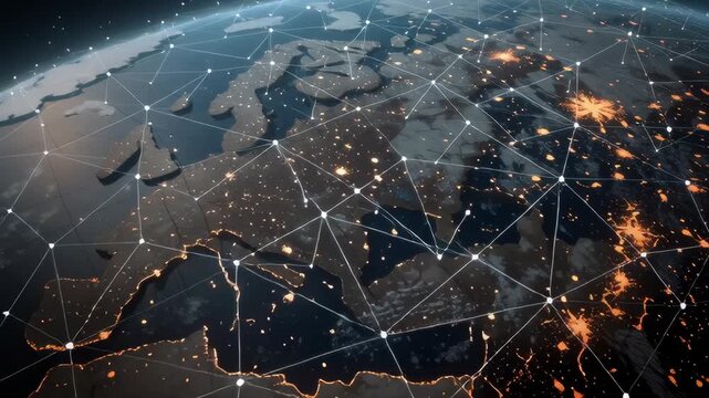 Futuristic digital globe of Earth with glowing data points network connections on a dark background	
